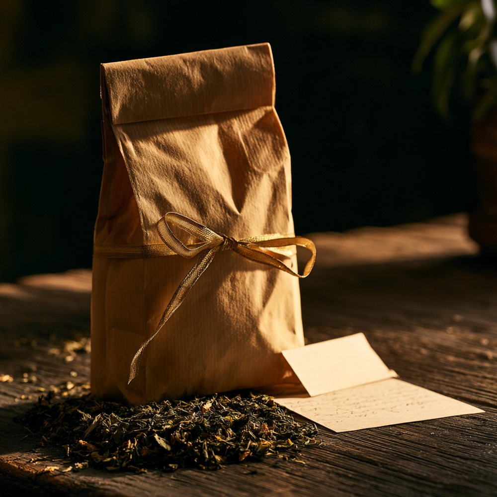 Kit Découverte KUZU, sachet de thé en vrac noué d'un ruban doré avec un petit mot